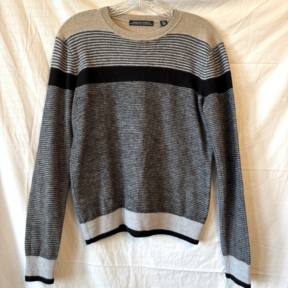 Saks Fifth Striped Gray Tan Sweater Extra Fine Merino Wool Pullover Crewneck Med - Picture 3 of 9